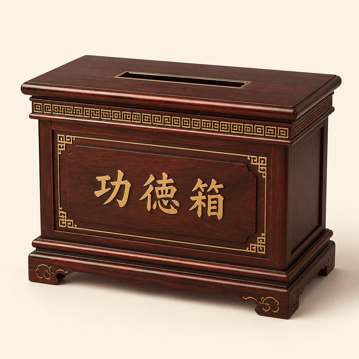 Traditional wooden temple offering box marked 功德箱